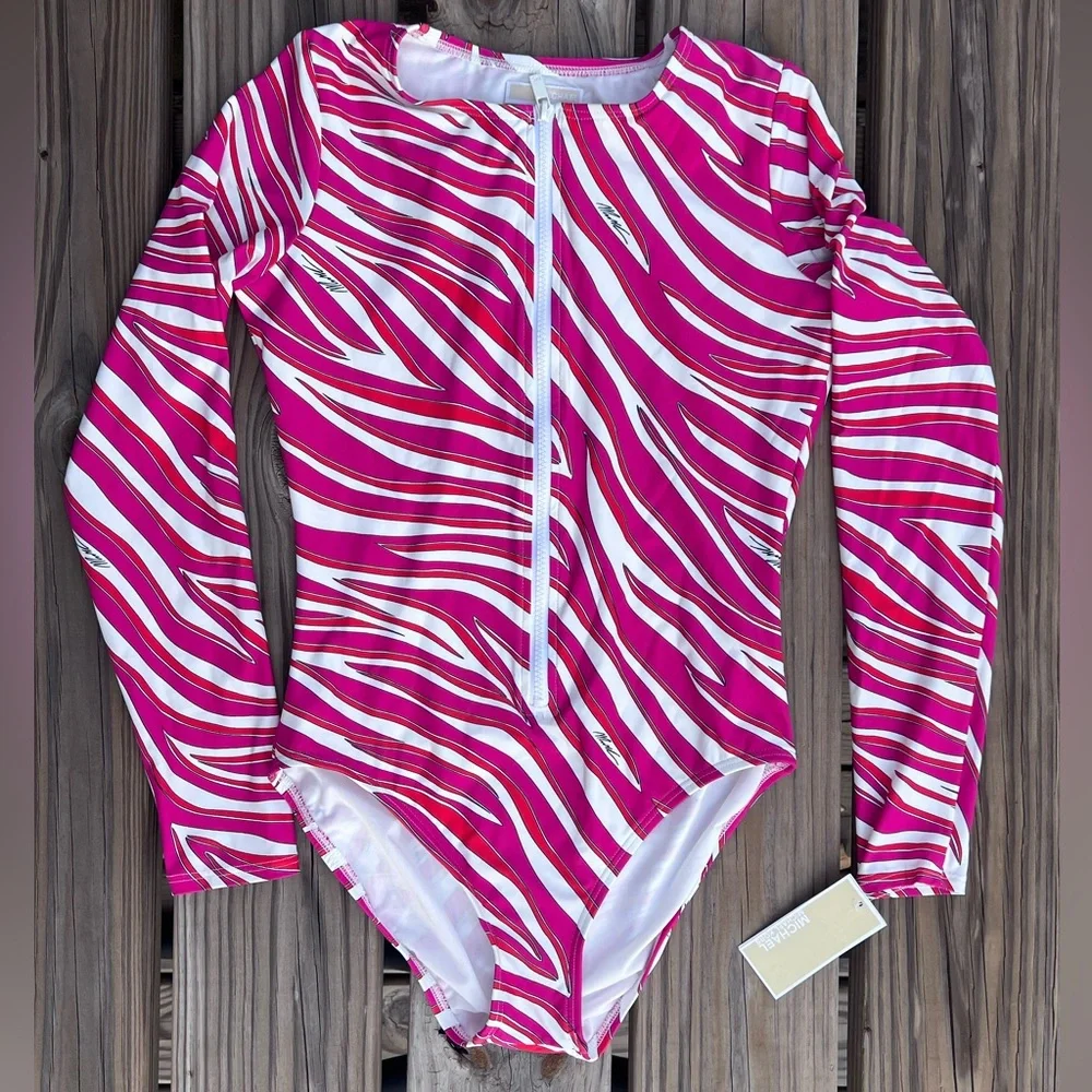 - Michael Kors Sz 8 Electric Pink Zebra Long Sleeve Surf Swimsuit! NEW!